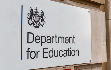 London. UK- 01.08.2023. The name sign by the entrance to the government Department for Education offices situated in Great Smith Street, Westminster.のeditorial素材