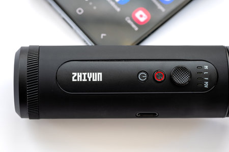 London. UK- 02.01.2023. Close up of a Zhiyun handheld gimbal showing the company name, trademark.のeditorial素材