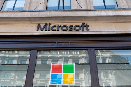 London. UK- 04.09.2023. The Microsoft retail store in Oxford Circus showing the company name and...