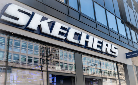 London. UK- 04.09.2023. The name sign on the facade of the retail branch of Skechers on Oxford Street. A American multinational footwear company.のeditorial素材