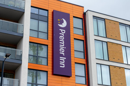 London. UK- 05.01.2023. Street view of a Premier Inn hotel showing the company name sign.のeditorial素材