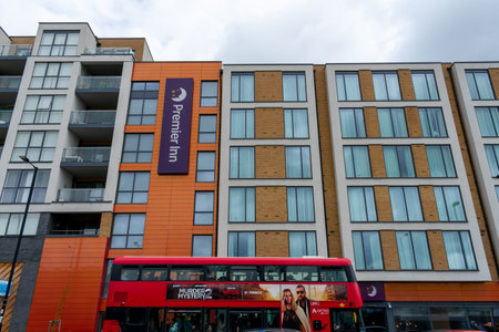 London. UK- 05.01.2023. Street view of a Premier Inn hotel showing the company name sign.のeditorial素材