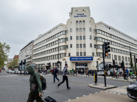 London Victoria.UK-05.13.2023. The entrance, facade and name sign of London Victoria Coach Station.