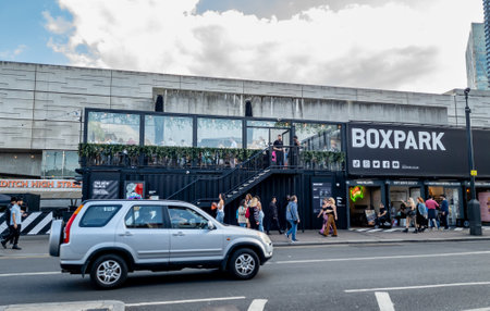 London. UK- 05.20.2023. A street view of the Boxpark in Shoreditch.のeditorial素材