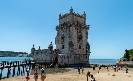 Lisbon. Portugal- 07.09.2023. The Belem Tower or Torre de Belem. A major tourists attraction in the capital.のeditorial素材