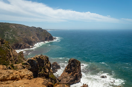 Cape Roca. Portugal- 07.08.2023.  The ocean view  and cliffs from the westermost point of continental Europe.のeditorial素材