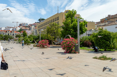 Lisbon. Portugal- 07.08.2023. A street view of Martin Moniz Square in the Alfama district.のeditorial素材
