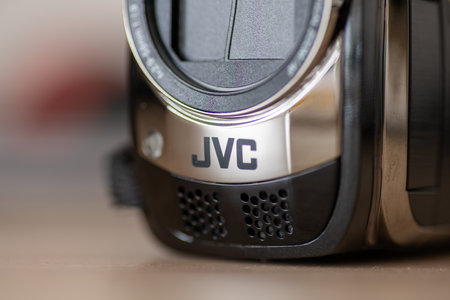 London. UK- 09.13.2023. The name sign and logo of the Japanese technology company JVC on one of its...