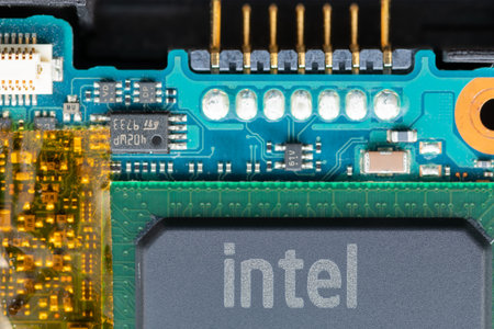 London. UK- 09.13.2023. A computer chip inside a electronic devise by the American multinational technology company Intel.のeditorial素材