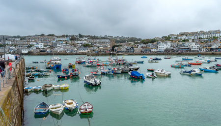 St. Ives. Cornwall. UK- 10.01.2023. A view of the town and harbour from Smeaton's Pier.