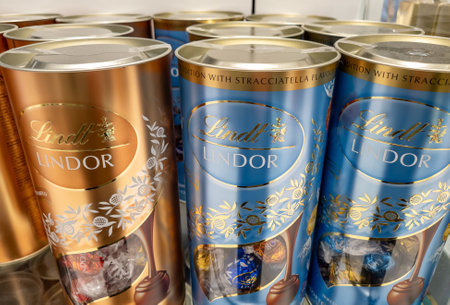 Gatwick airport. UK- 10.04.2023. Lindor Lindt chocolate on display in a store.