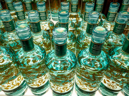 Gatwick airport. UK- 10.04.2023. Bottles of English Garden Expression by Silent Pool Gin on display in a retail store.のeditorial素材
