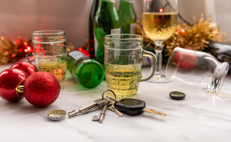 A Christmas, festive drink driving concept with a set of car keys on a table full of alcoholic drinks and decorations.の写真素材