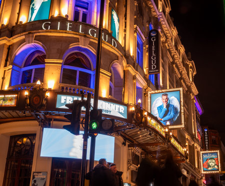 London. UK- 02.04.2024. The name sign and facade of the Gielgud Theatre on Shaftesbury Avenue at...
