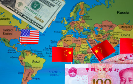A geopolitical economy, global north, global south, concept with US dollars and flag, Chinese yuan...