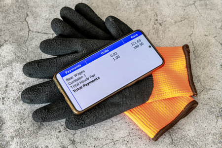 A work wages concept with a smart phone with a digital earning pay slip on top of a pair of work...