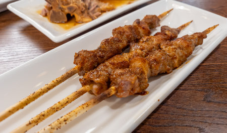 Shaokao, Chinese spiced barbecued meat on skewers, served on a long plate in a restaurant.の写真素材