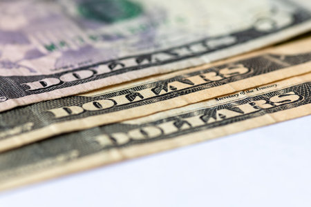 The word Dollars as printed on the United States of America currency bank notes, dollar bills.の写真素材