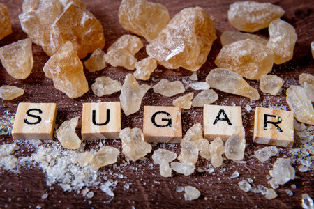 A close up of the word sugar surround by rock sugar in various size and shapes.