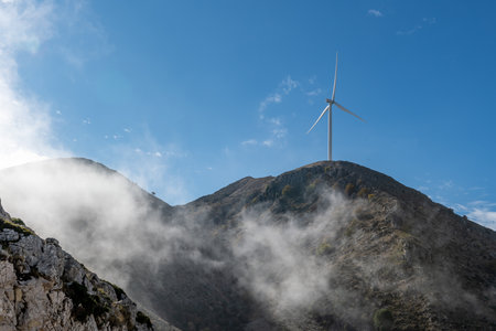 Wind turbines on a mountain top wind farm.の写真素材