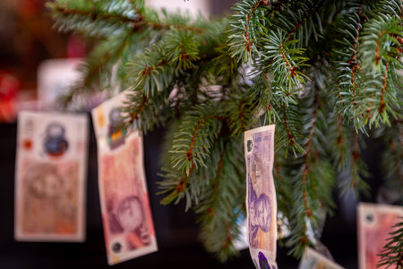 A close up of Pound Sterling bank notes hanging on a Christmas tree as ornaments in a living room. A cost of Christmas concept.の写真素材