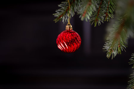 A  closeup of a red Christmas bauble hanging on a Christmas tree with a dark background. A Christmas elements background.の写真素材