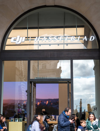 London. UK- April 02.2026. The name sign for DJI | Hasselblad on the facade of its retail store on...