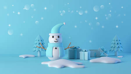 Blue snowman smiling with the gifts box 3d rendering for Christmas and new year's day
