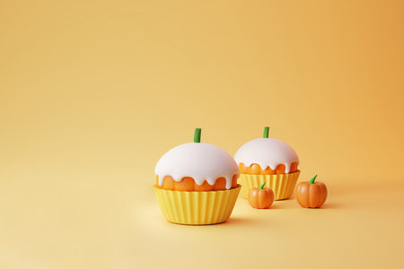 Pumpkin cupcakes with white icing for Halloween coming in the autumn background 3d illustrationの写真素材