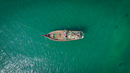 Aerial view of a fishing boat on the sea in St. Martin's Island, Bangladesh.