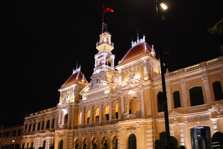Ho Chi Minh, Vietnam - September 5, 2015: Peoples Committee Building Saigon by night, Saigon City Hall in French Colonial style architectureのeditorial素材