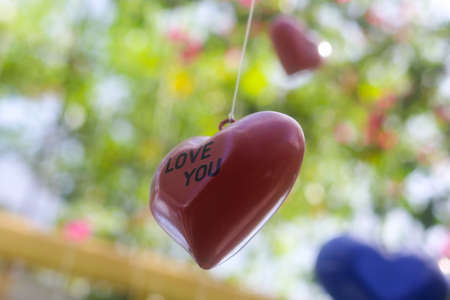 Closeup of a pink heart shape with "love you" text in the love gardenの写真素材