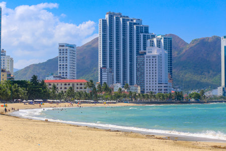 Nha Trang City, Vietnam - 01 May 2023: View of Hon Chong beach on the sunny day - one of the famous place in Nha Trang City, Khanh Hoa, Vietnamのeditorial素材