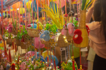 Bamboo lantern with stuffed rabbit and flashing lights in Luong Nhu Hoc Street, District 5, HCM cityの写真素材
