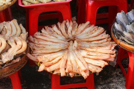 Closeup of dried fish display like flowers for sale in Chau Doc Market, An Giang Province, Vietnamの写真素材