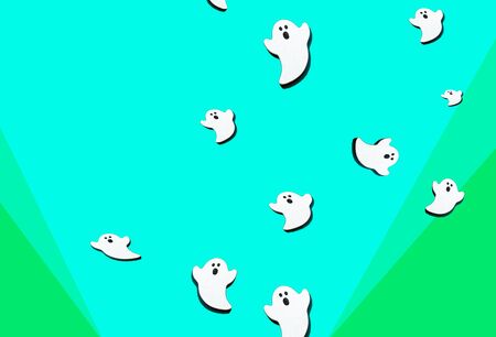 Set of white ghosts is blown up isolated on 3green colors background and copy space.Halloween ornament is colorful Tones.Flat lay.の写真素材
