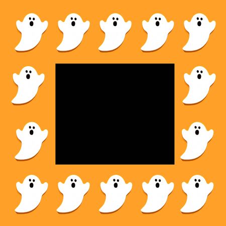 Set of white ghosts isolated on orange color background. Halloween ornament is colorful Tones.Flat lay.black copy space for your text.の写真素材