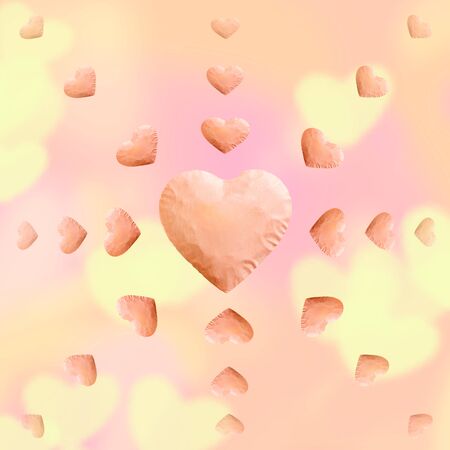 Big and small pink hearts and pink background and copy space. yellow heart bright, pinky background.