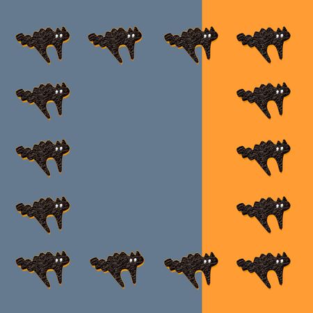 Set of black cats isolated on orange with gray 2 colors background. Halloween ornament is colorful Tones.Flat lay.copy space for your text.の写真素材