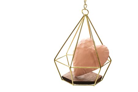 The big pink heart enter the gold cage on white background and copy space.の写真素材