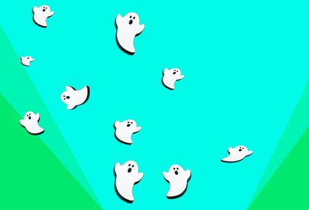 Set of white ghosts is blown up isolated on 3green colors background and copy space.Halloween ornament is colorful Tones.Flat lay.の写真素材