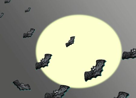 Set of black bats isolated on gray with yellow moon color background. Flat lay.copy space for your text.Image of bat fly in the moon of the night sky.の写真素材