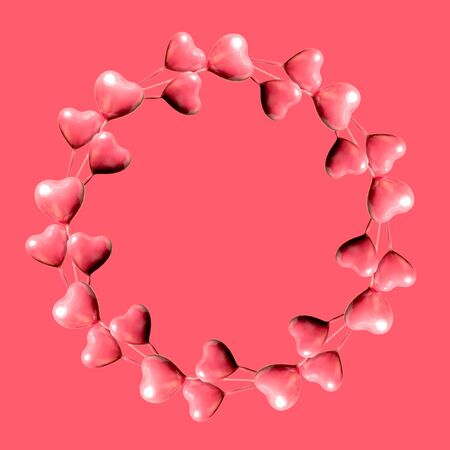 Set of circle made of pink hearts isolated on pink background and copy space. Valentine's Day or mother's day ornament is colorful Tones.Flat lay.の写真素材