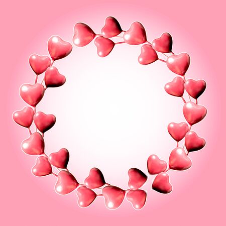 Set of circle made of pink hearts isolated on pink with white background and copy space. Valentine's Day or mother's day ornament is colorful Tones.Flat lay.の写真素材