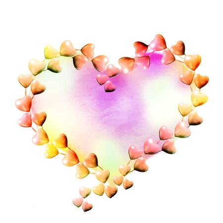 Set of circle made of pink with yellow hearts isolated on white background and copy space. Valentine's Day or mother's day ornament is colorful Tones.Flat lay.の写真素材