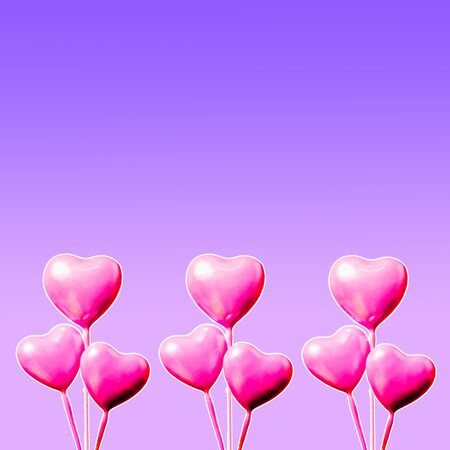 Set of pink hearts isolated on purple gradation background and copy space. Valentine's Day or mother's day ornament is colorful Tones.Flat lay.の写真素材