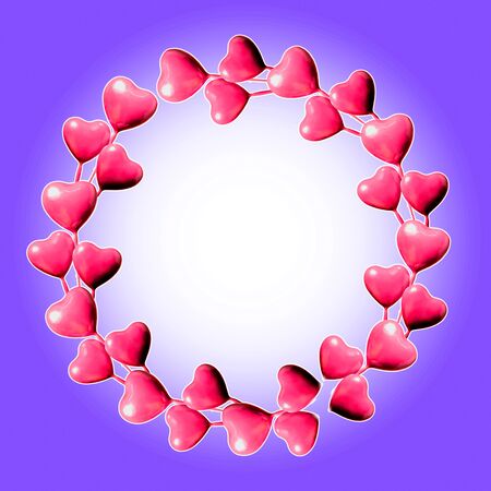 Set of circle made of pink hearts isolated on purple with white background and copy space. Valentine's Day or mother's day ornament is colorful Tones.Flat lay.の写真素材