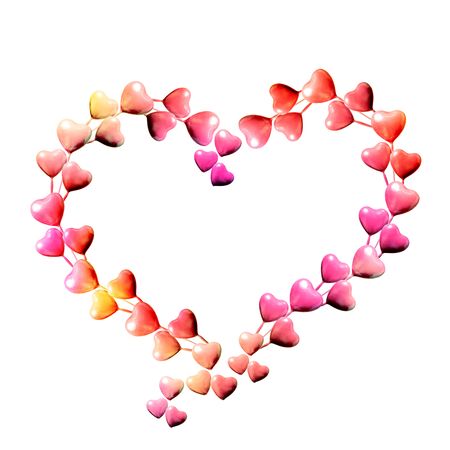 Set of circle made of pink with yellow hearts isolated on white background and copy space. Valentine's Day or mother's day ornament is colorful Tones.Flat lay.の写真素材