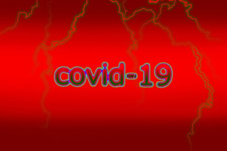 Gradation background with lightning of red and black and covid-19 of the rainbow color in the center.の写真素材
