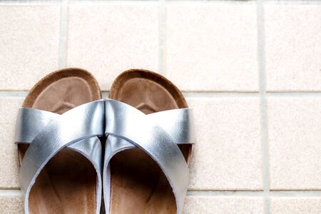 A pair of slipper on skin of silver on beige tiles background and copy space.の写真素材